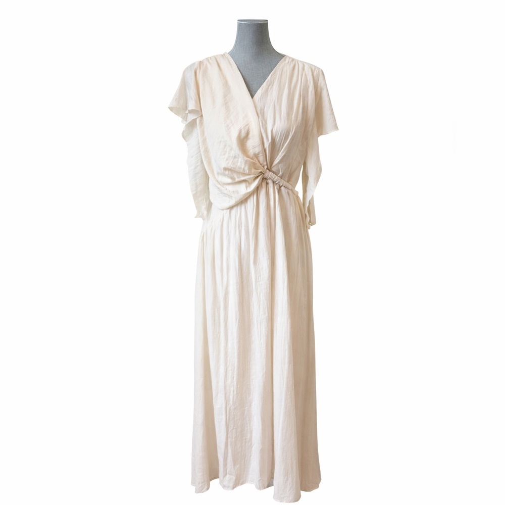 Motherhood Maternity Cream Wrap Midi Dress Flutter Sleeve Size L